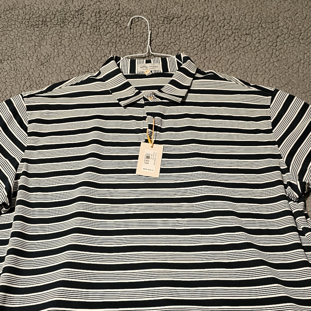 Peter Millar Navy Amd White Strioed Polo NWT